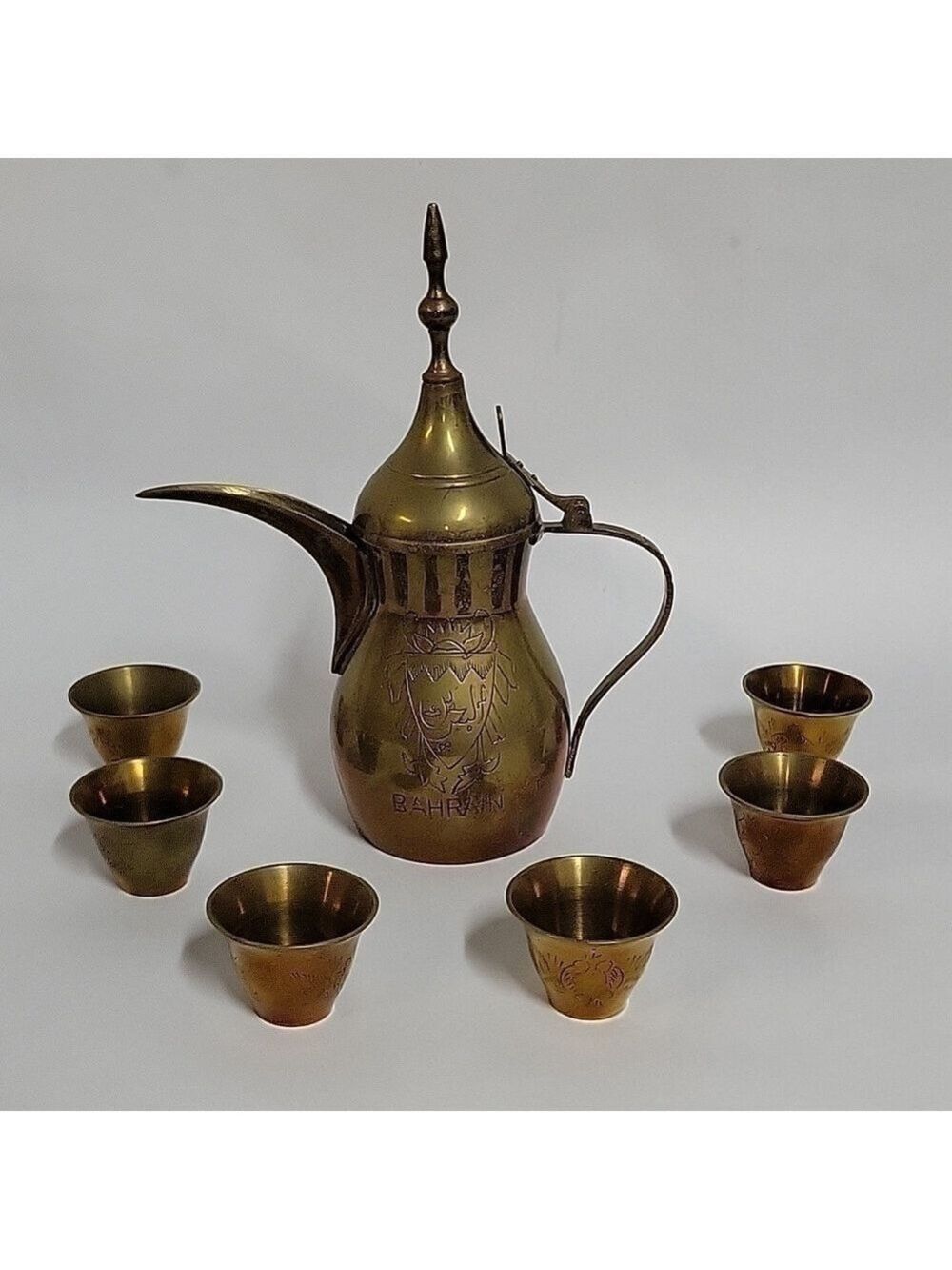 Vintage Brass "Bahrain" Etched/Engraved Pot & (6) Etched/Engraved Cups